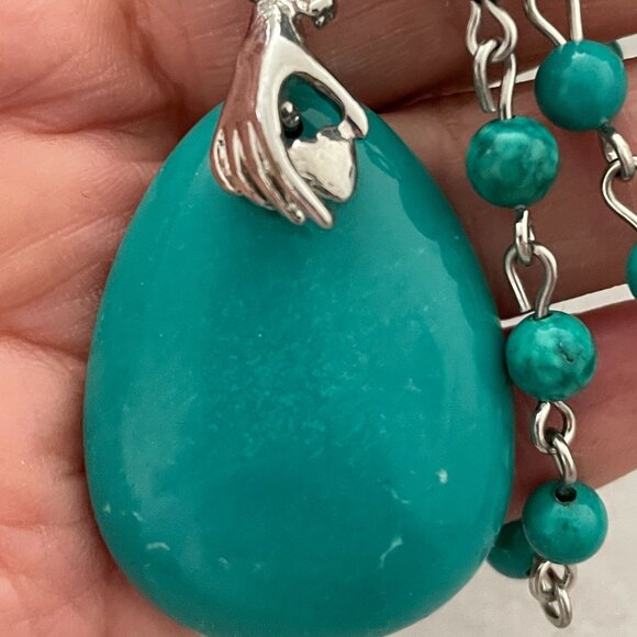 Blue Howlite Silver Hand Heart Teardrop Pendant Beaded Chain Necklace 12" Drop - Picture 4 of 7